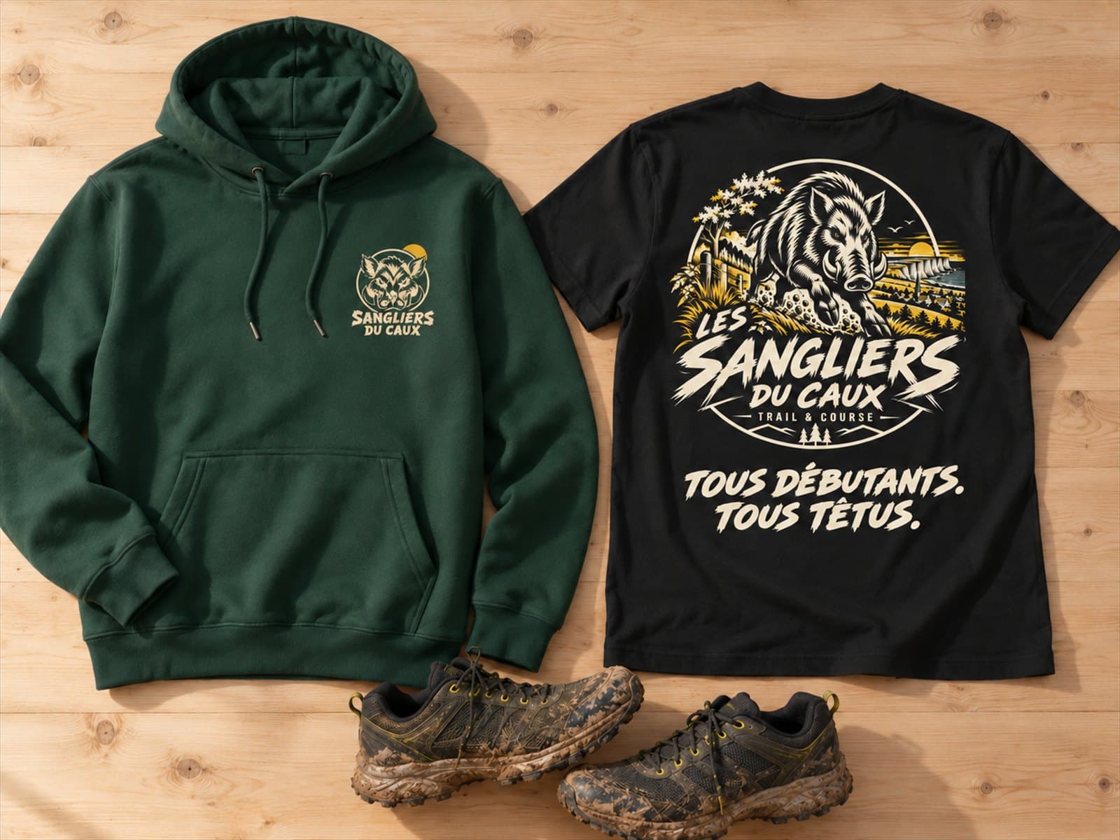 Le sweat vert forêt avec le logo poitrine et le t-shirt noir avec le grand logo au dos, posés sur du bois