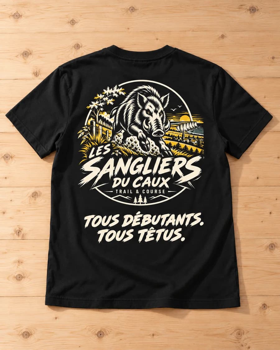 T-shirt noir avec le grand logo et « Tous débutants. Tous têtus. » au dos